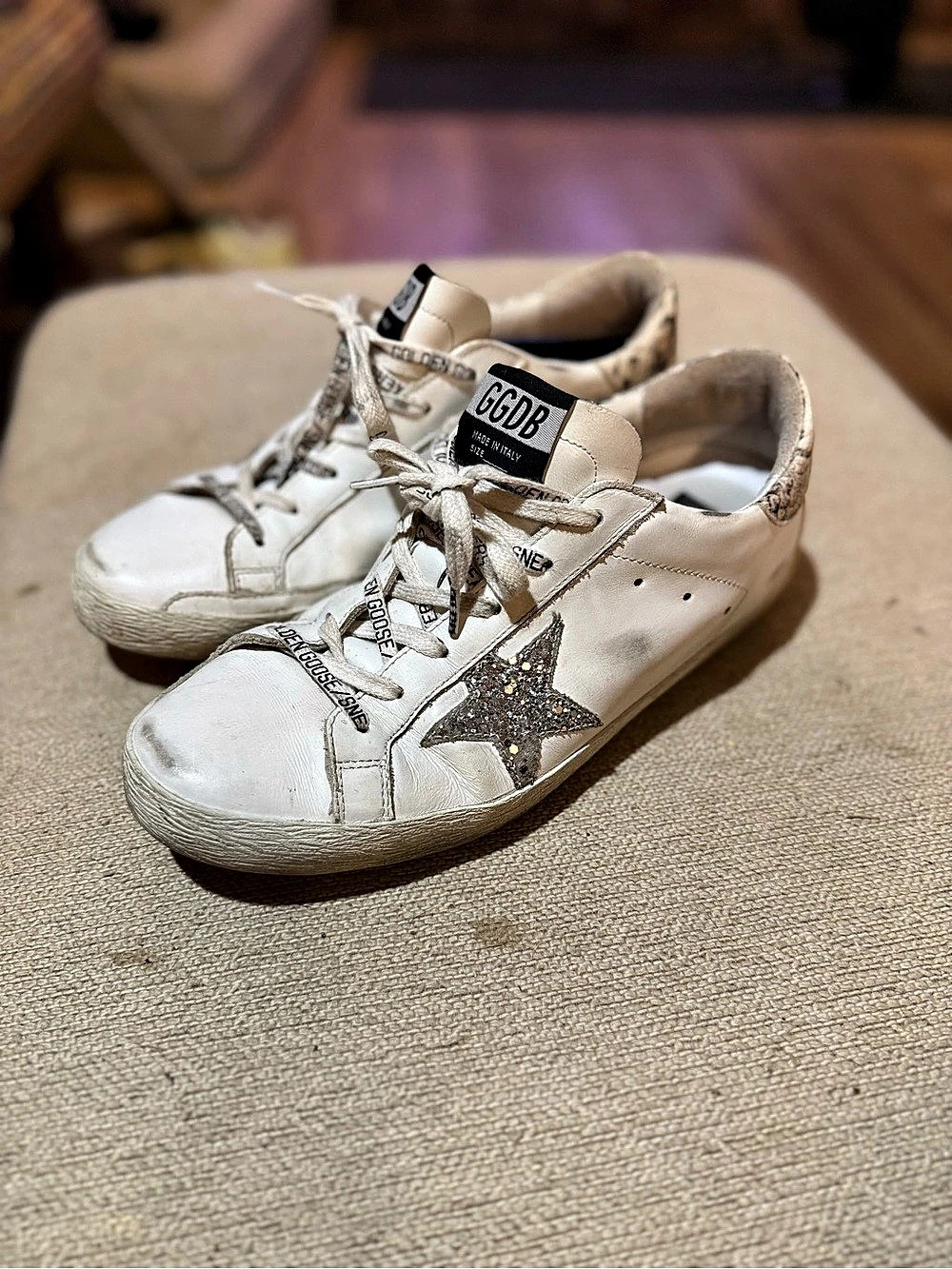 Golden Goose Super-Star Sneakers with Glitter Star and Snake-Print Heel Tab